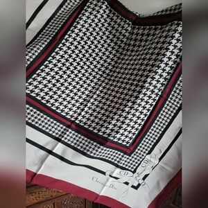 Christian Dior Black and White Houndstooth Silk Scarf with Red Accents